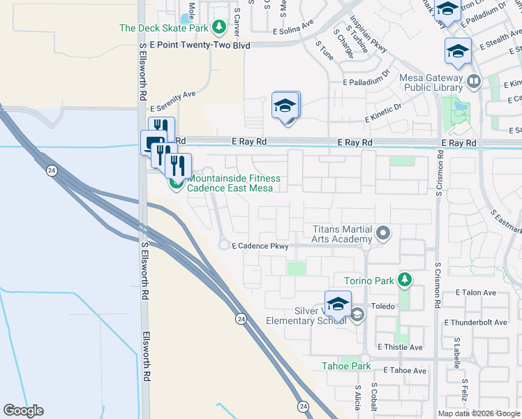 map of restaurants, bars, coffee shops, grocery stores, and more near 9523 East Thornbush Avenue in Mesa