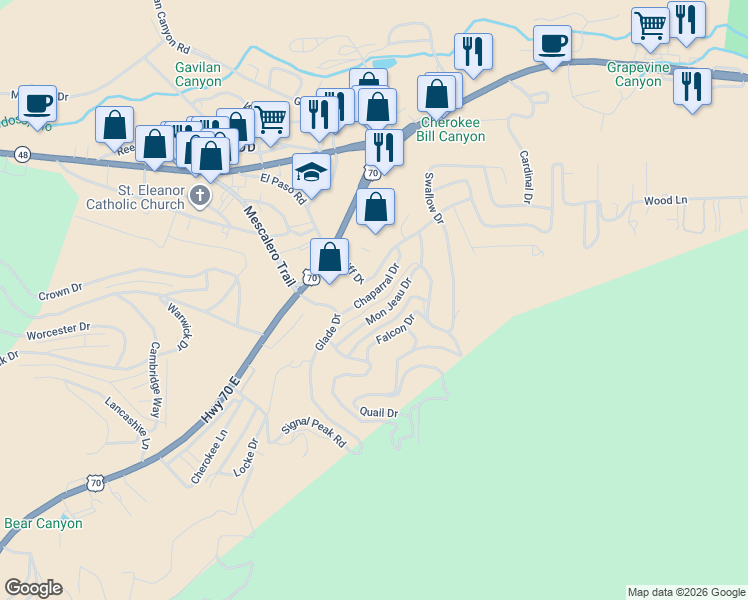 map of restaurants, bars, coffee shops, grocery stores, and more near 114 Chaparral Drive in Ruidoso