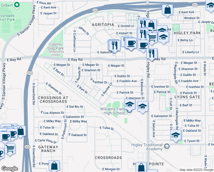 map of restaurants, bars, coffee shops, grocery stores, and more near 1800 South Racine Lane in Gilbert