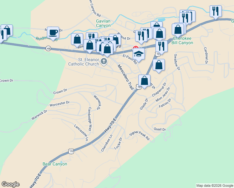 map of restaurants, bars, coffee shops, grocery stores, and more near 400 U.S. 70 in Ruidoso