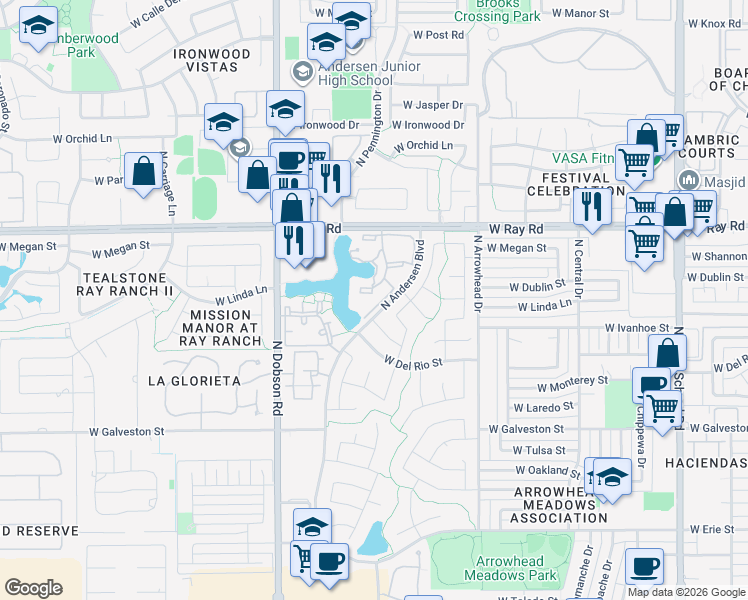map of restaurants, bars, coffee shops, grocery stores, and more near 1825 West Ray Road in Chandler