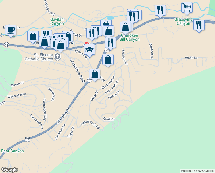 map of restaurants, bars, coffee shops, grocery stores, and more near 114 Chaparral Drive in Ruidoso