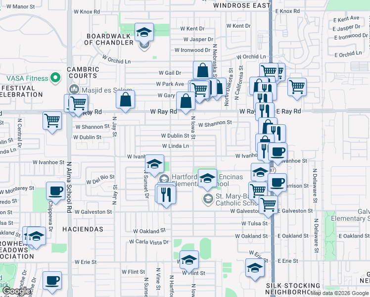 map of restaurants, bars, coffee shops, grocery stores, and more near 533 West Linda Lane in Chandler