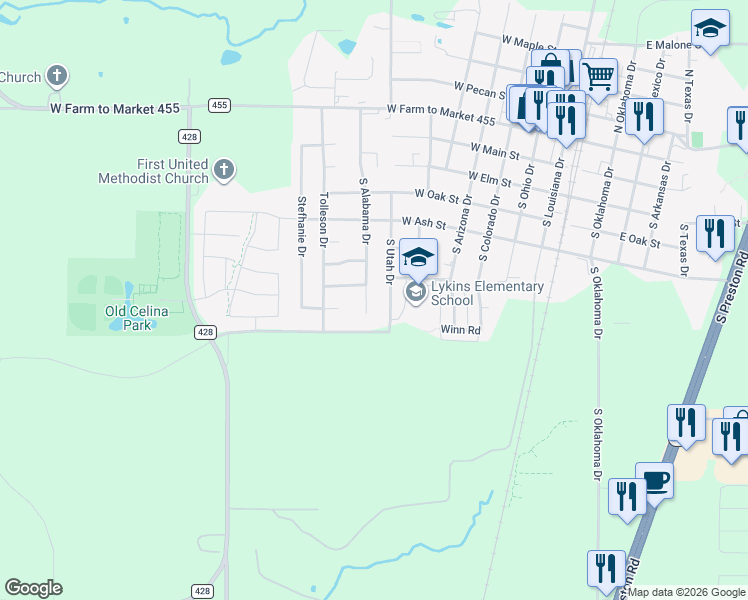 map of restaurants, bars, coffee shops, grocery stores, and more near 532 S Alabama St in Celina