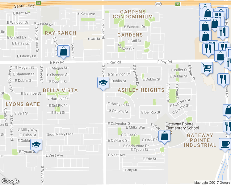 map of restaurants, bars, coffee shops, grocery stores, and more near East McCoy Boulevard in Gilbert
