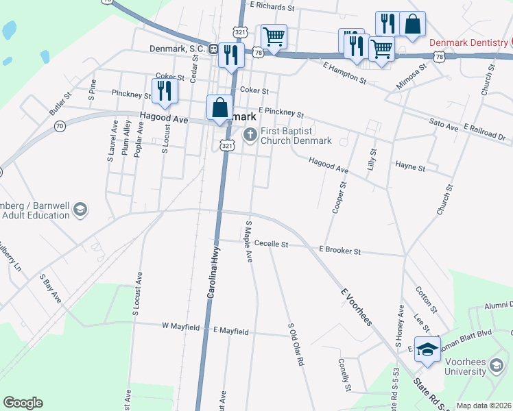 map of restaurants, bars, coffee shops, grocery stores, and more near 6560 Voorhees Road in Denmark