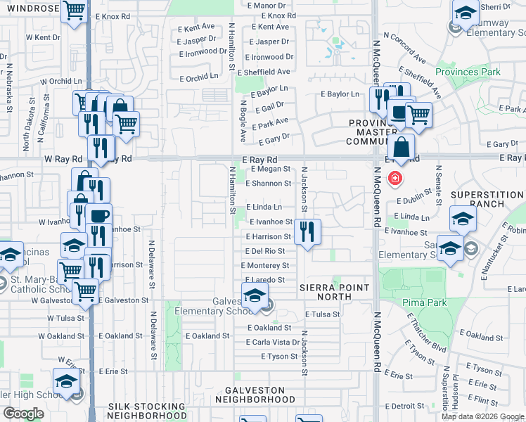 map of restaurants, bars, coffee shops, grocery stores, and more near 683 East Linda Lane in Chandler