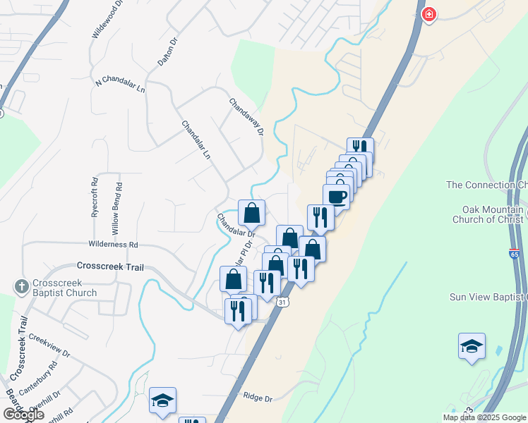 map of restaurants, bars, coffee shops, grocery stores, and more near 1916 Chandalar Court in Pelham