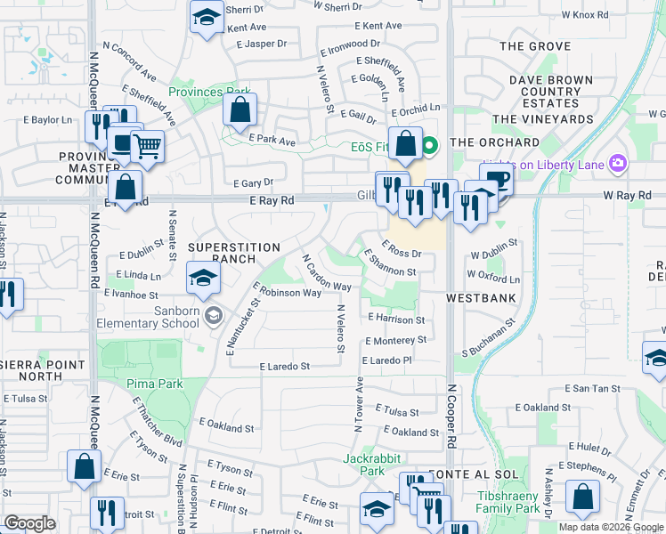 map of restaurants, bars, coffee shops, grocery stores, and more near 1701 East Linda Lane in Chandler