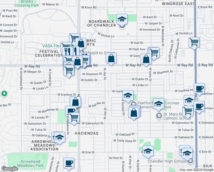 map of restaurants, bars, coffee shops, grocery stores, and more near 843 North Jay Street in Chandler