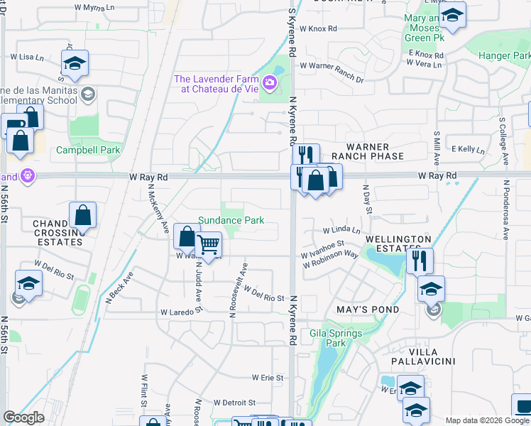 map of restaurants, bars, coffee shops, grocery stores, and more near 6061 West Shannon Street in Chandler