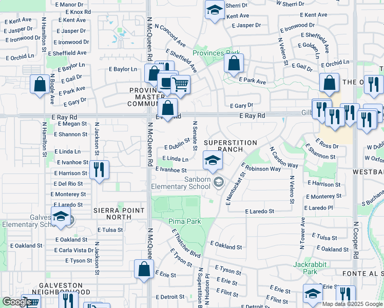 map of restaurants, bars, coffee shops, grocery stores, and more near 936 North Senate Street in Chandler