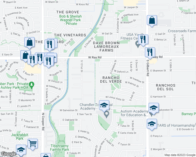 map of restaurants, bars, coffee shops, grocery stores, and more near 356 West Ivanhoe Street in Gilbert