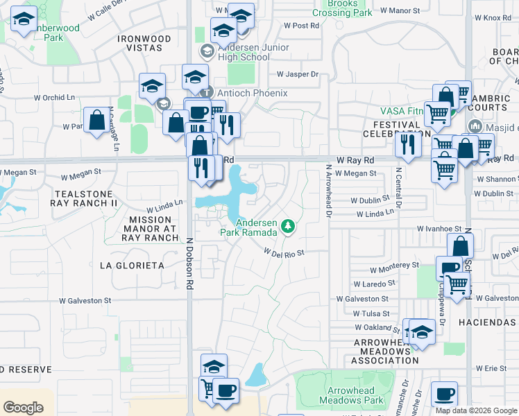 map of restaurants, bars, coffee shops, grocery stores, and more near 1825 West Ray Road in Chandler