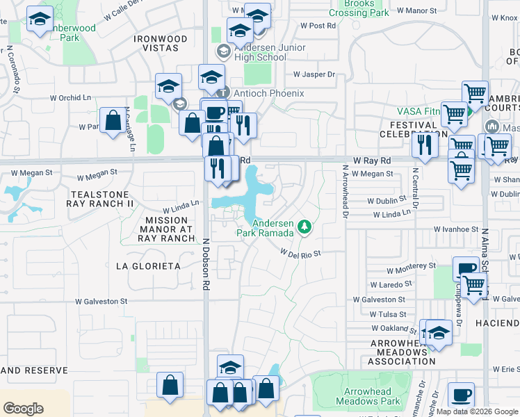 map of restaurants, bars, coffee shops, grocery stores, and more near 1825 West Ray Road in Chandler