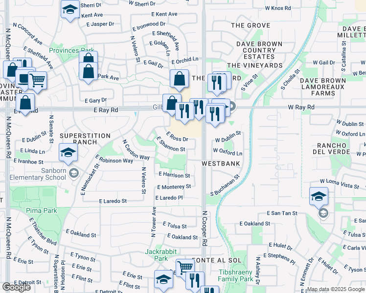 map of restaurants, bars, coffee shops, grocery stores, and more near 1942 East Shannon Street in Chandler