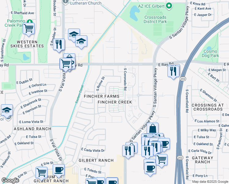 map of restaurants, bars, coffee shops, grocery stores, and more near 1927 Emily Lane in Gilbert