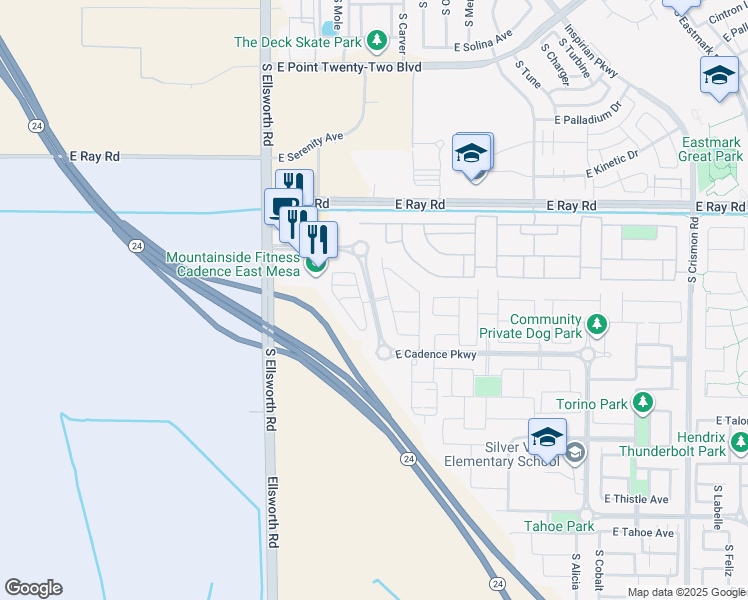 map of restaurants, bars, coffee shops, grocery stores, and more near Cadence Parkway in Mesa