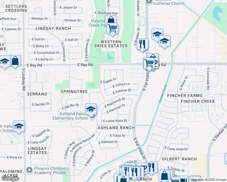 map of restaurants, bars, coffee shops, grocery stores, and more near 1414 East Ivanhoe Street in Gilbert