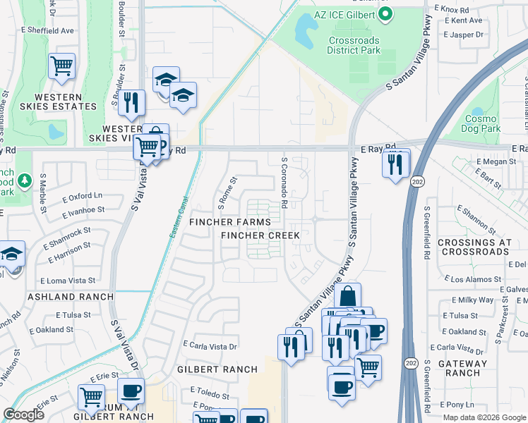 map of restaurants, bars, coffee shops, grocery stores, and more near 1927 Emily Lane in Gilbert