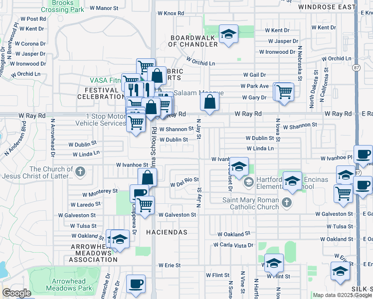 map of restaurants, bars, coffee shops, grocery stores, and more near 825 North Dublin Street in Chandler