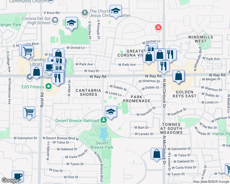 map of restaurants, bars, coffee shops, grocery stores, and more near 4402 West Linda Lane in Chandler