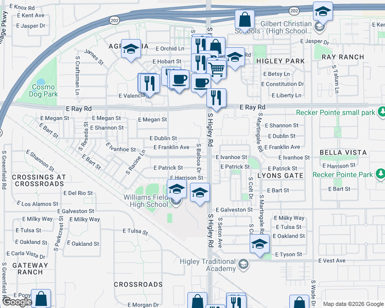 map of restaurants, bars, coffee shops, grocery stores, and more near 3116 East Ivanhoe Street in Gilbert