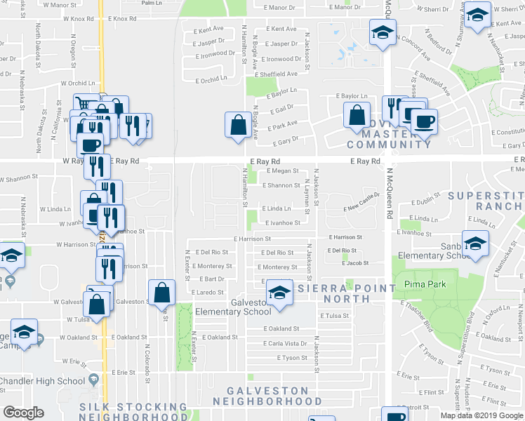 map of restaurants, bars, coffee shops, grocery stores, and more near 850 North Bogle Court in Chandler
