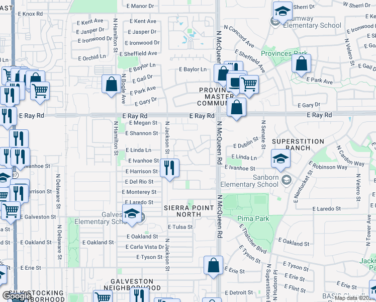 map of restaurants, bars, coffee shops, grocery stores, and more near Townhouses at New Castle in Chandler