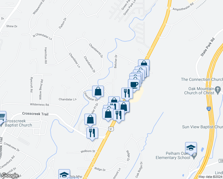map of restaurants, bars, coffee shops, grocery stores, and more near 2025 Chandalar Court in Pelham