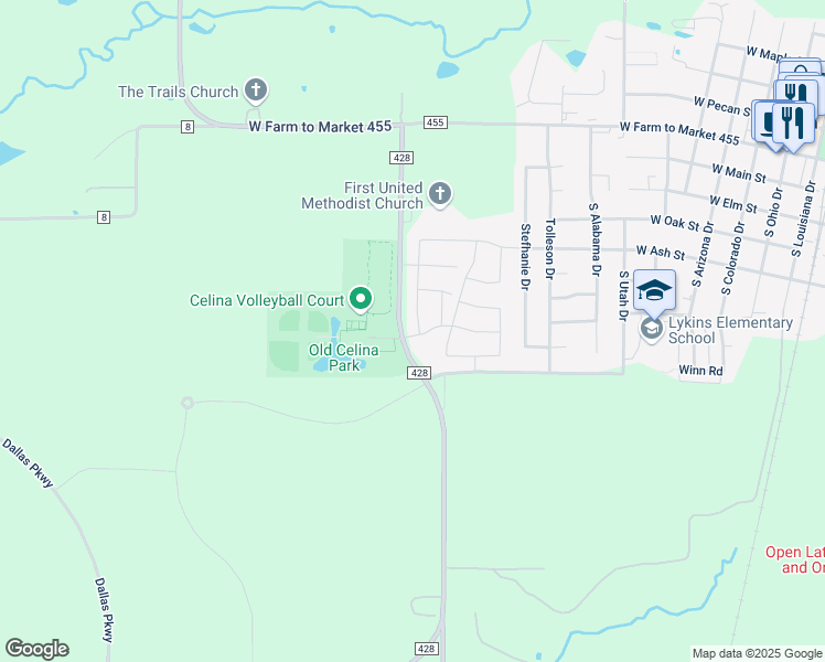 map of restaurants, bars, coffee shops, grocery stores, and more near 557 Yellowstone Drive in Celina