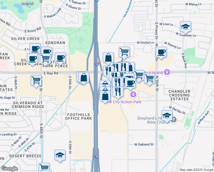 map of restaurants, bars, coffee shops, grocery stores, and more near 920 North 54th Street in Chandler