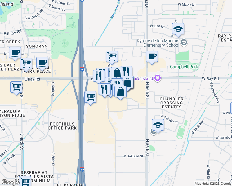 map of restaurants, bars, coffee shops, grocery stores, and more near 7331 West Ray Road in Chandler