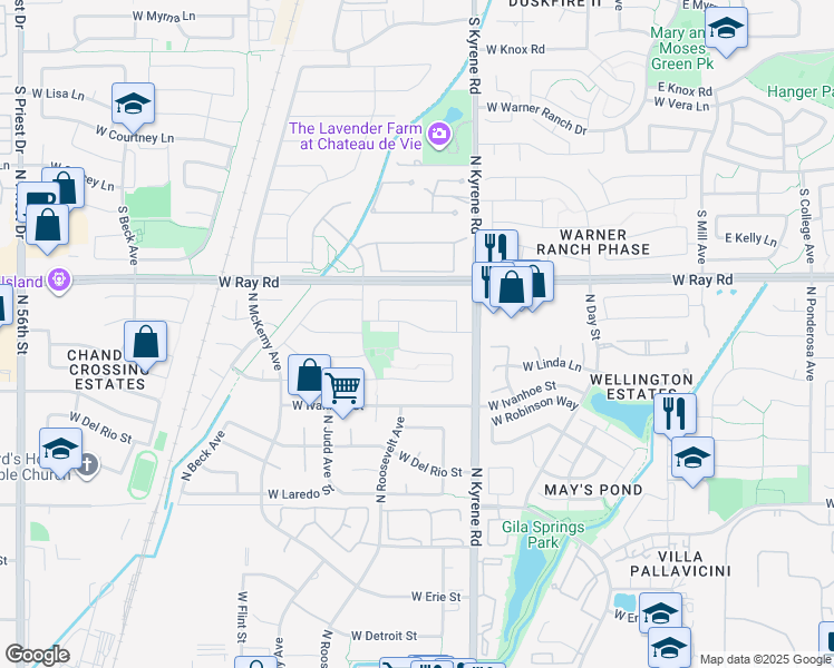 map of restaurants, bars, coffee shops, grocery stores, and more near 6141 West Shannon Street in Chandler