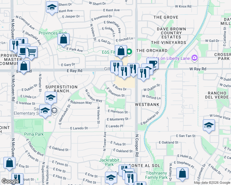 map of restaurants, bars, coffee shops, grocery stores, and more near 1882 East Shannon Street in Chandler