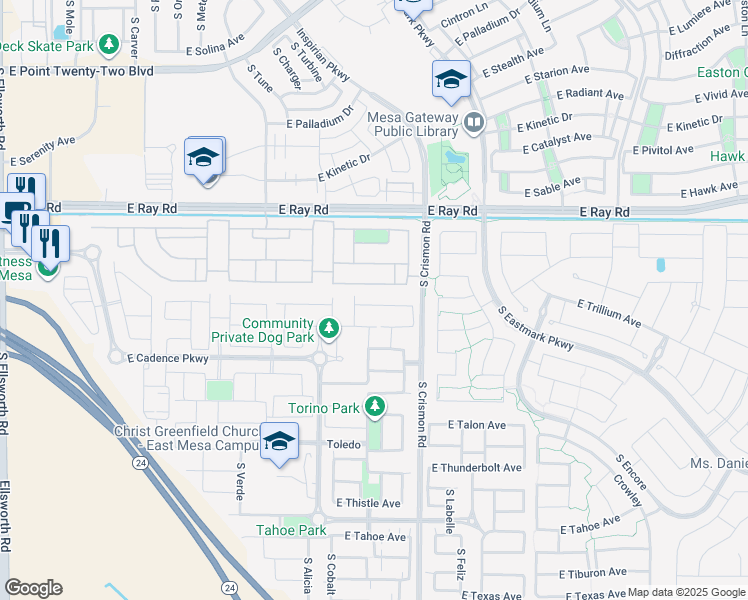 map of restaurants, bars, coffee shops, grocery stores, and more near 9908 East Thornbush Avenue in Mesa