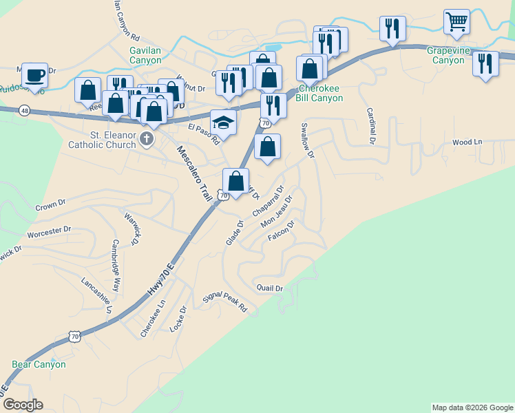 map of restaurants, bars, coffee shops, grocery stores, and more near 114 Chaparral Drive in Ruidoso