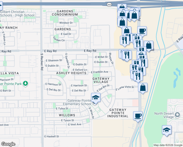 map of restaurants, bars, coffee shops, grocery stores, and more near 4332 East Ivanhoe Street in Gilbert