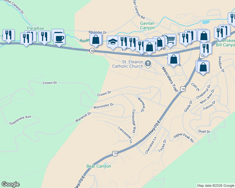 map of restaurants, bars, coffee shops, grocery stores, and more near 101-143 Cambridge Way in Ruidoso