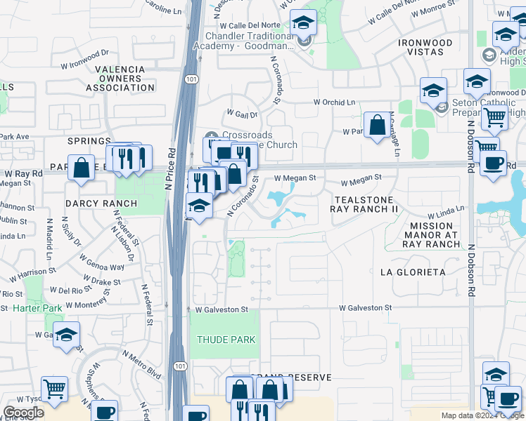 map of restaurants, bars, coffee shops, grocery stores, and more near 2721 West Shannon Court in Chandler