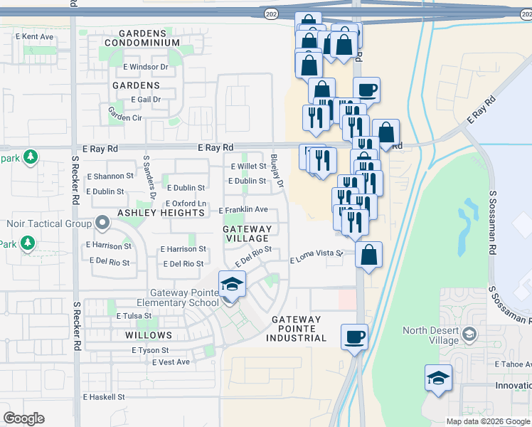 map of restaurants, bars, coffee shops, grocery stores, and more near 4518 East Ivanhoe Street in Gilbert
