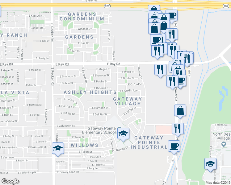 map of restaurants, bars, coffee shops, grocery stores, and more near 4332 East Ivanhoe Street in Gilbert