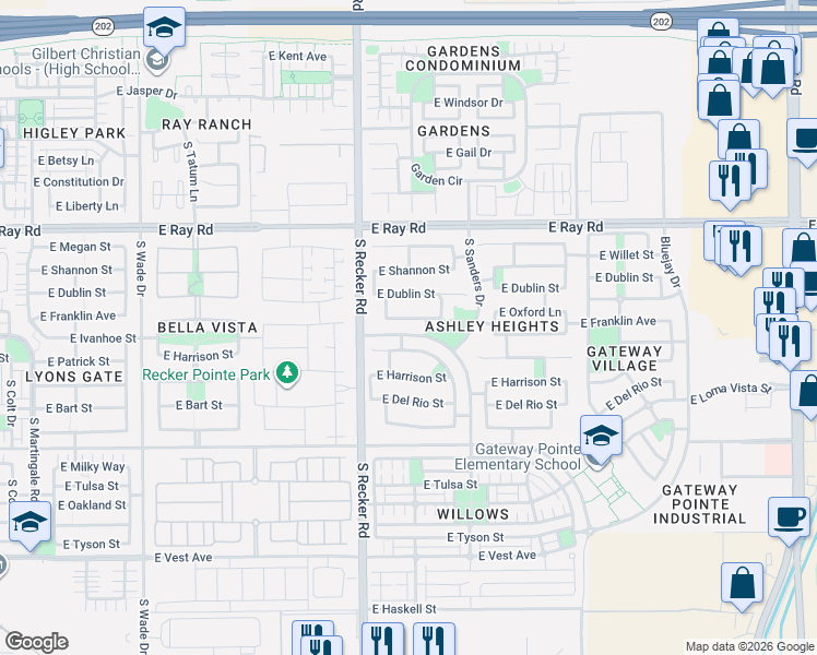 map of restaurants, bars, coffee shops, grocery stores, and more near East McCoy Boulevard in Gilbert