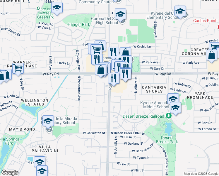 map of restaurants, bars, coffee shops, grocery stores, and more near 900 North Rural Road in Chandler