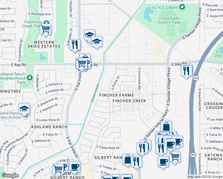 map of restaurants, bars, coffee shops, grocery stores, and more near 1795 East Ivanhoe Street in Gilbert