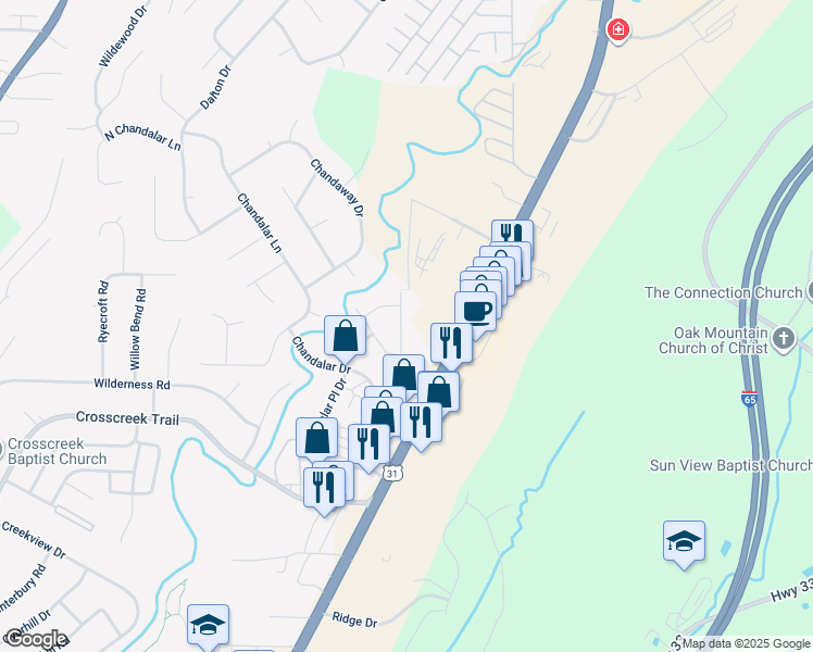 map of restaurants, bars, coffee shops, grocery stores, and more near 2056 Chandalar Court in Pelham