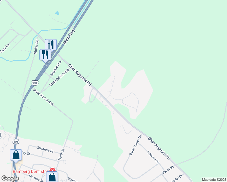 map of restaurants, bars, coffee shops, grocery stores, and more near 90 River Birch Road in Bamberg