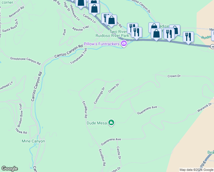 map of restaurants, bars, coffee shops, grocery stores, and more near 215-225 Crown Dr in Ruidoso