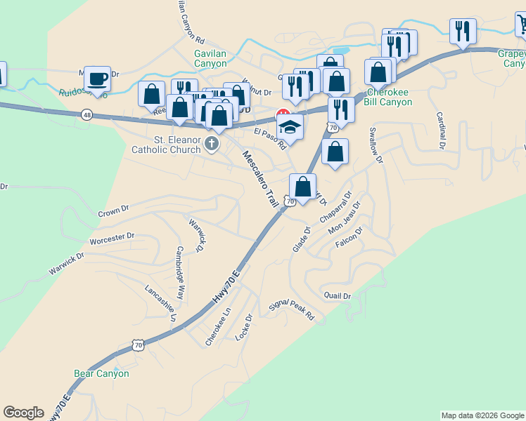 map of restaurants, bars, coffee shops, grocery stores, and more near 400 U.S. 70 in Ruidoso