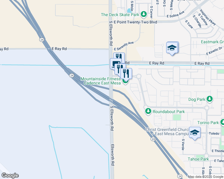 map of restaurants, bars, coffee shops, grocery stores, and more near 14281 South Ellsworth Road in Mesa